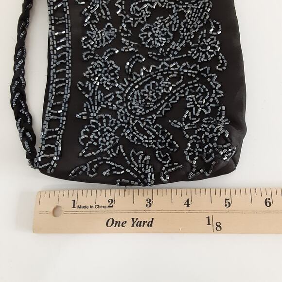 Vintage 80s Black Beaded Micro Crossbody Union Made Snap Closure Evening Wear - Picture 12 of 13